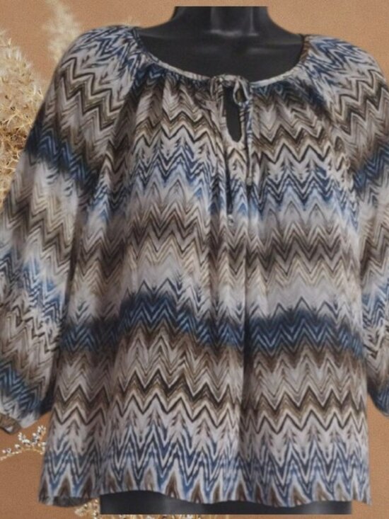 Zac & Rachel Tops - Zac & Rachel Blue and Brown Chevron Print Sheer Blouse Size Medium